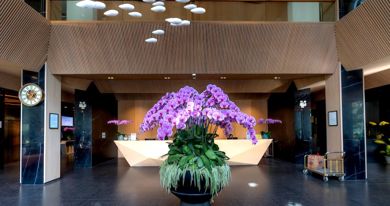 Elegant hotel lobby featuring a vibrant orchid centerpiece on modern reception desk.