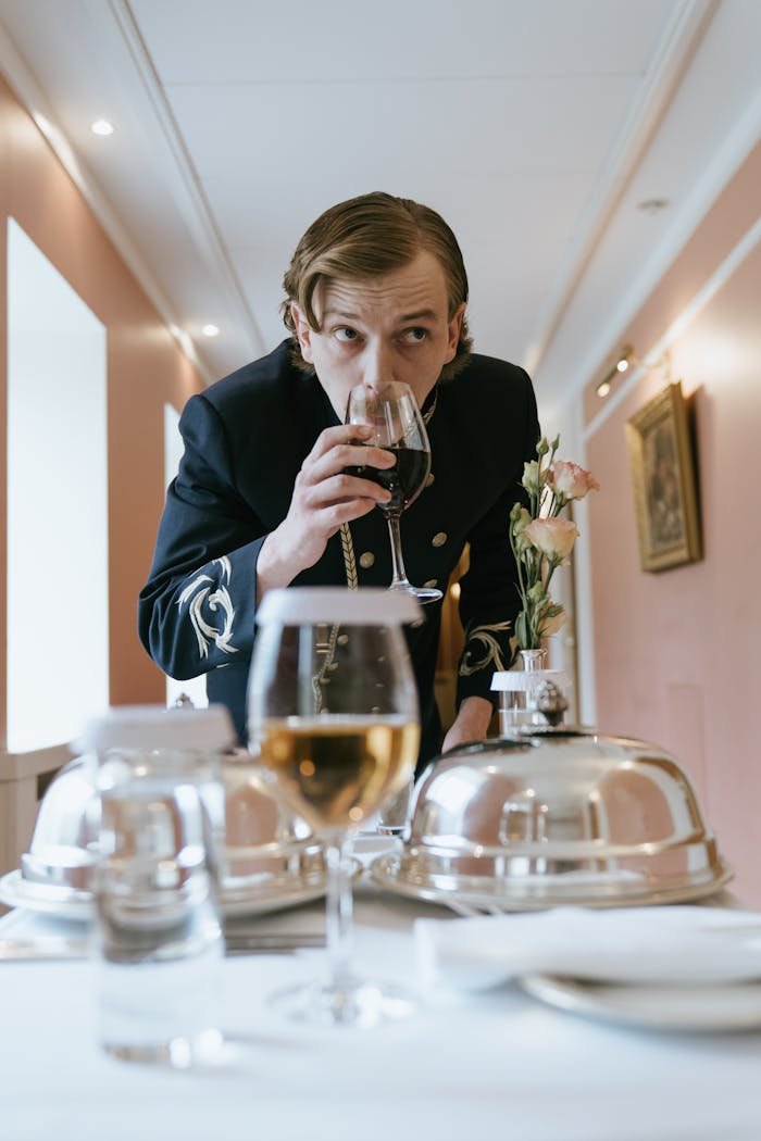 A bellboy sneakily tastes wine in a hotel room, creating a humorous moment.